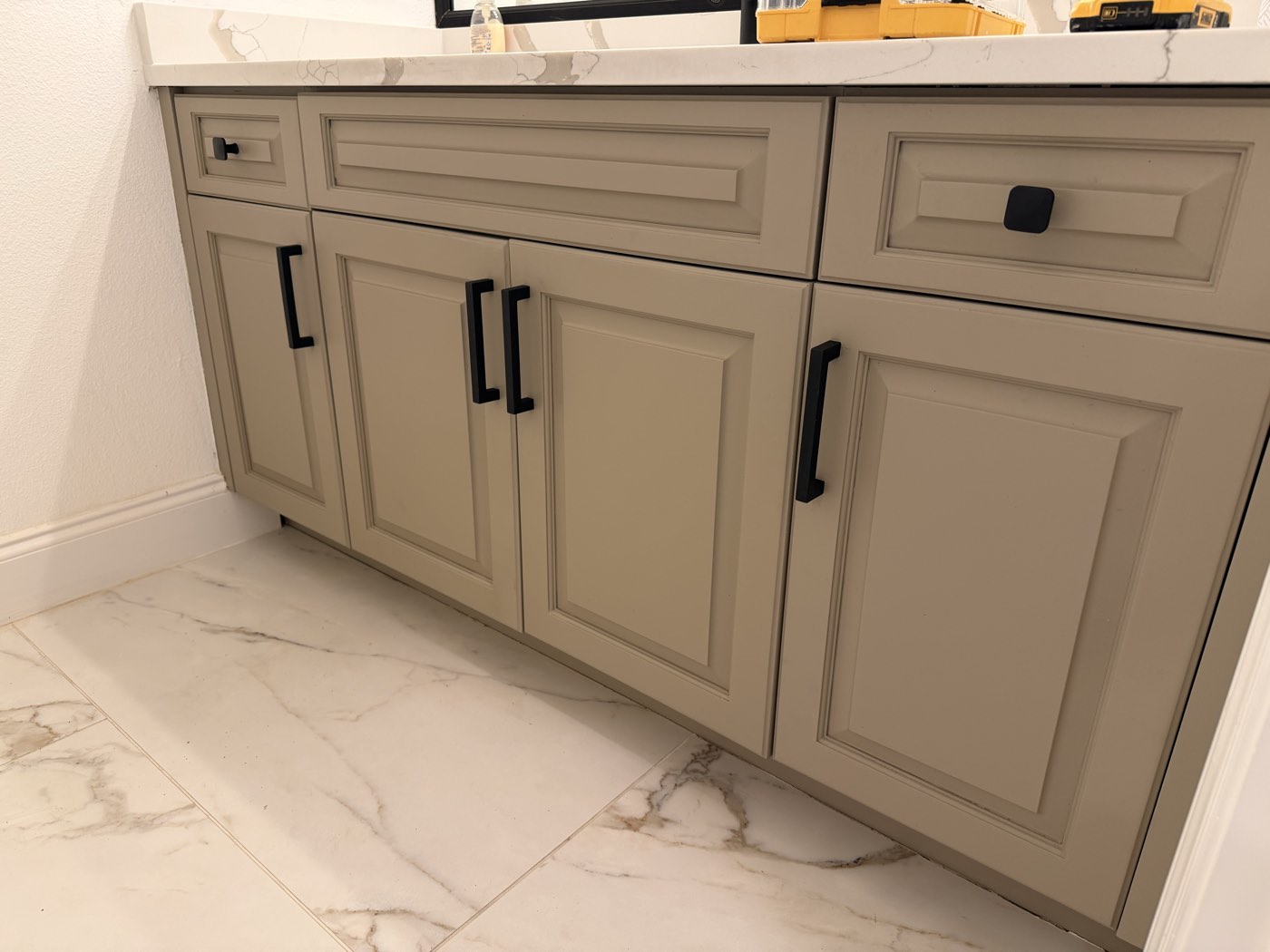 Close view of a painted vanity finish