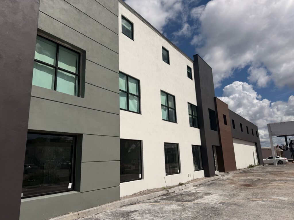 Completed commercial exterior viewed from the front approach