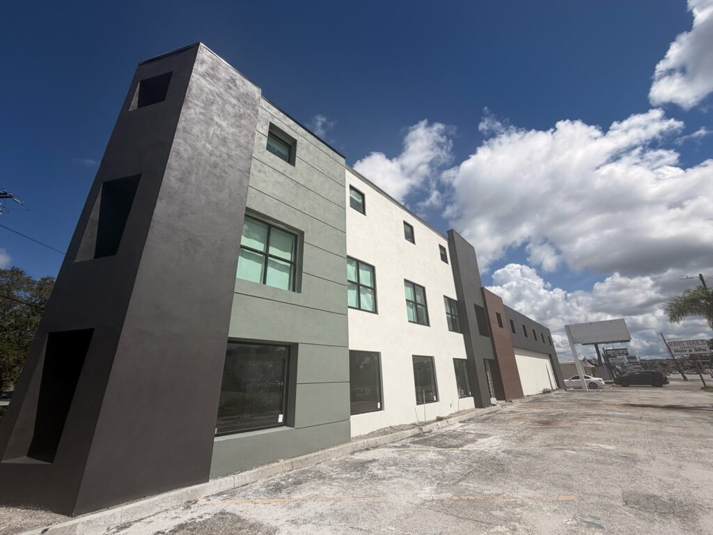 Completed commercial building exterior from another front angle